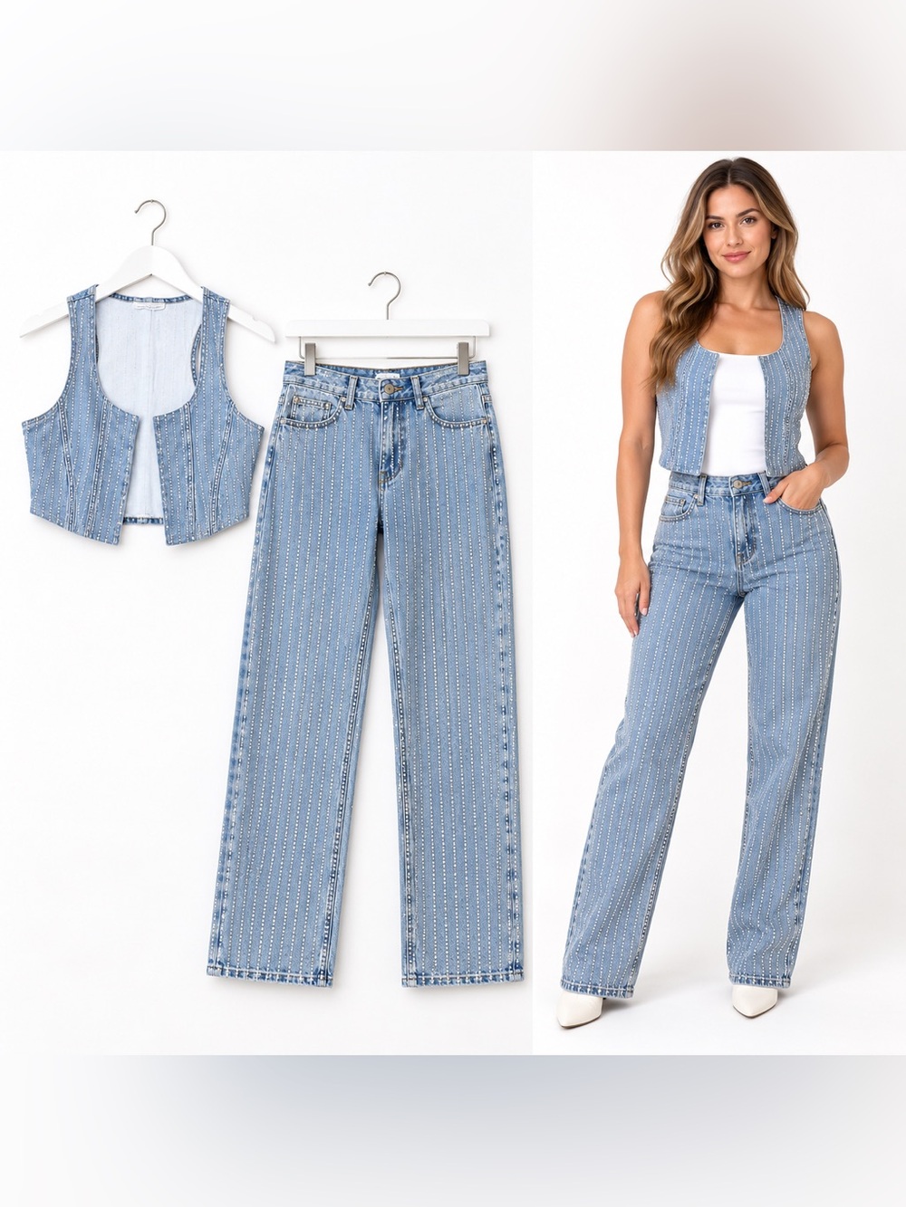 Maniere De Voir Rhinestone 2-Piece Set Vest Wide Leg Jeans US 12 NWOT Pristine